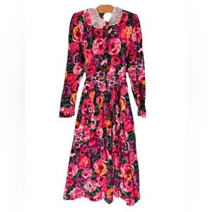 Vintage Christie Brooks Pink Floral Girls Dress 10/12 Peter Pan Lace Collar